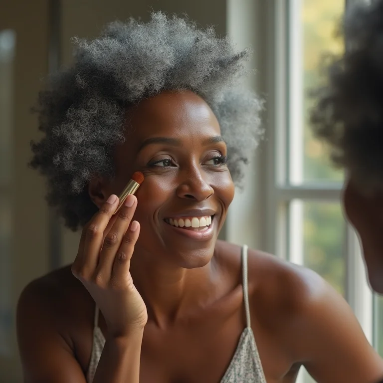 Mulher negra madura aplicando base no rosto