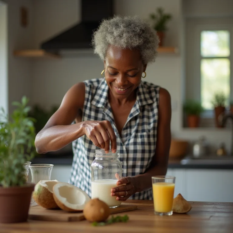 Mulher negra madura armazenando água de coco em pote de vidro.