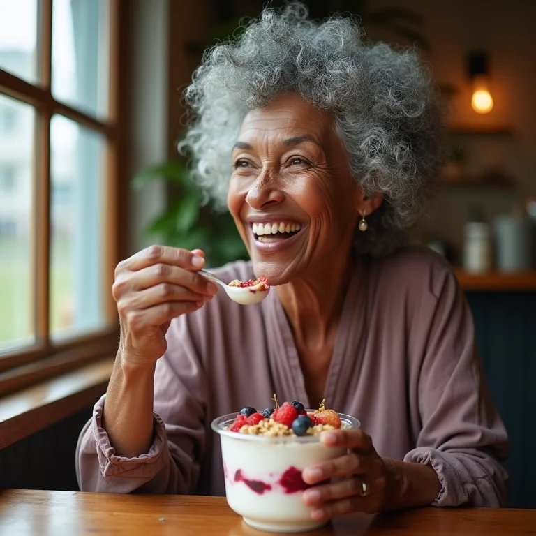Mulher negra madura comendo iogurte natural com frutas e granola.