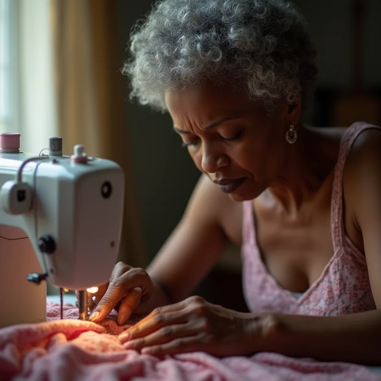Mulher negra madura costurando calcinha de biquíni em máquina de costura.