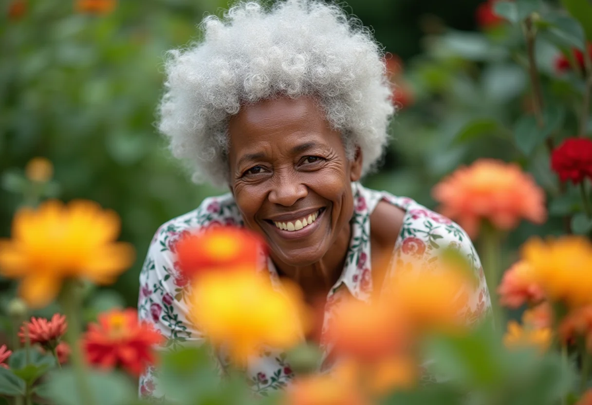 Como atrair pássaros no jardim e ter um refúgio natural Mulher negra madura cuidando de jardim florido.