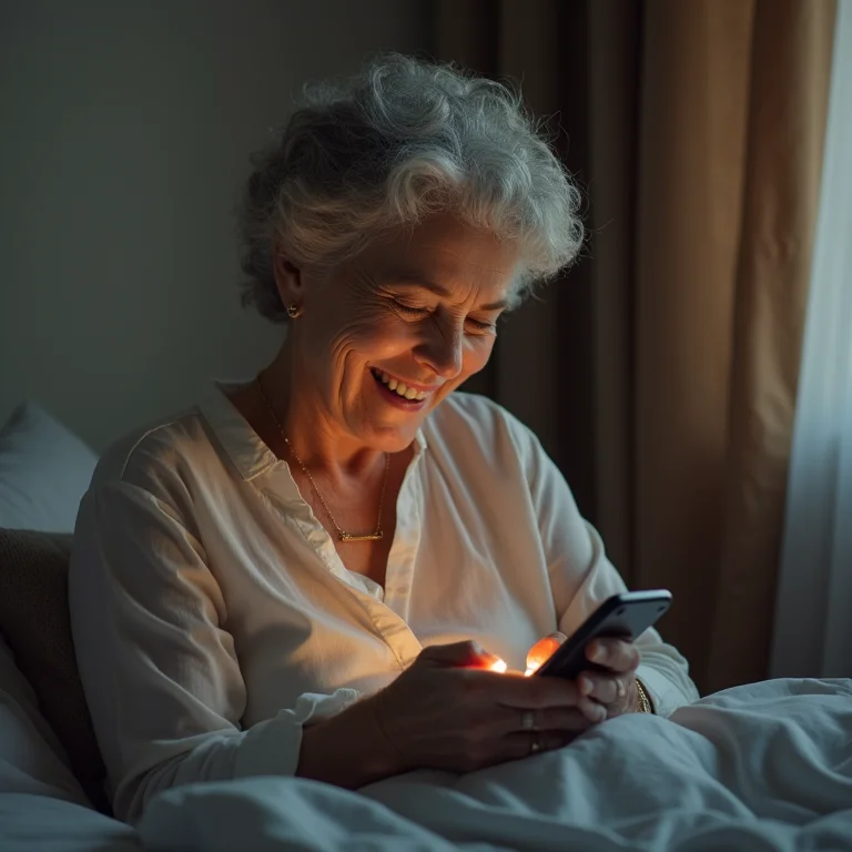 Mulher negra madura desliga o celular antes de dormir.