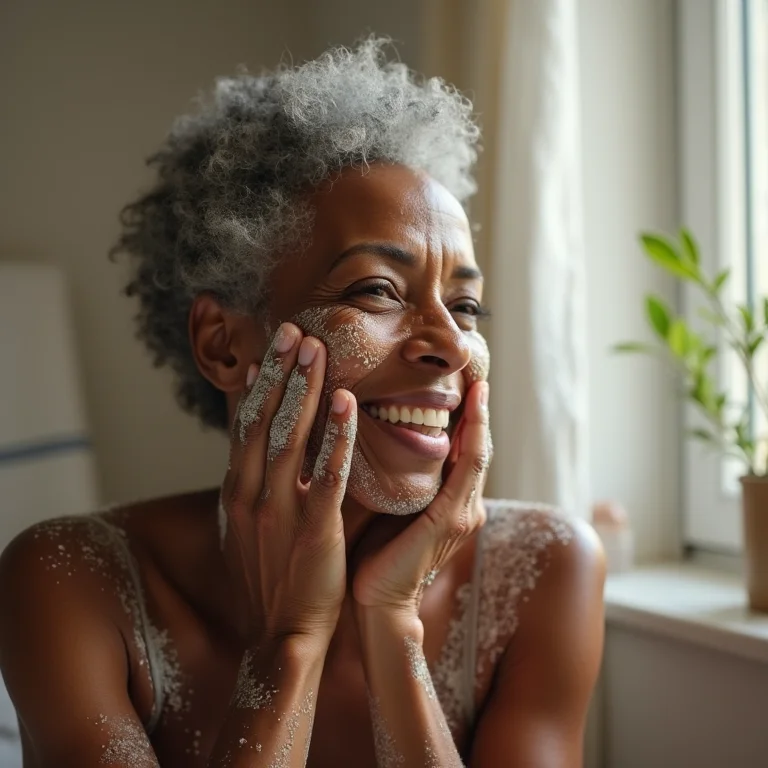 Mulher negra madura esfoliando o corpo com aveia e mel