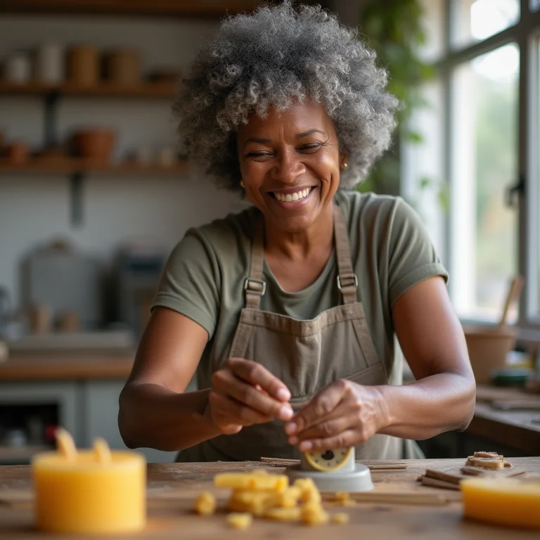 Mulher negra madura fazendo velas artesanais