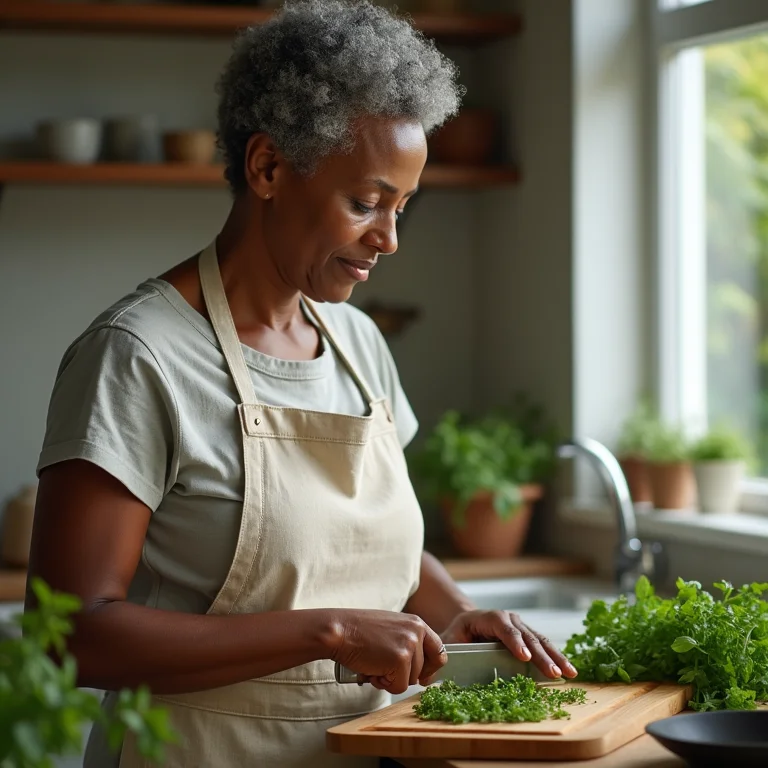 Mulher negra madura picando ervas frescas em uma tábua de madeira na cozinha