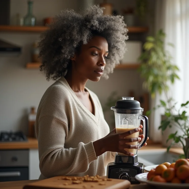 Mulher negra madura preparando shake de proteína