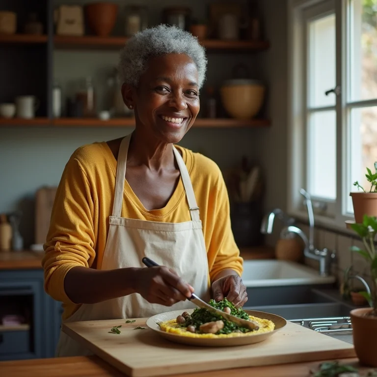 Mulher negra madura preparando um omelete saudável na cozinha.