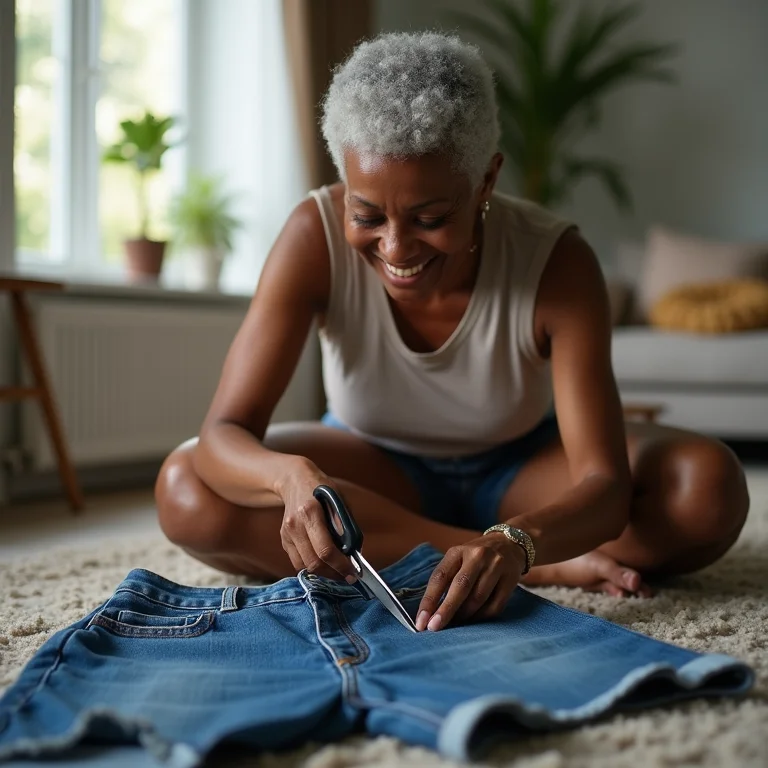 Mulher negra madura rindo enquanto transforma jeans em shorts
