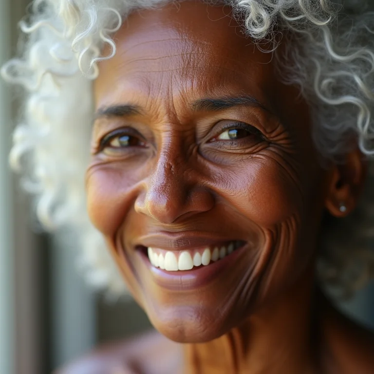Mulher negra madura sorrindo com pele hidratada