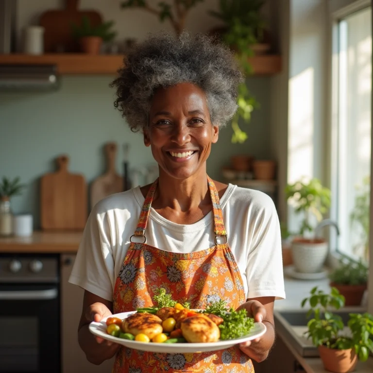 Mulher negra madura sorrindo com prato de frango grelhado e legumes