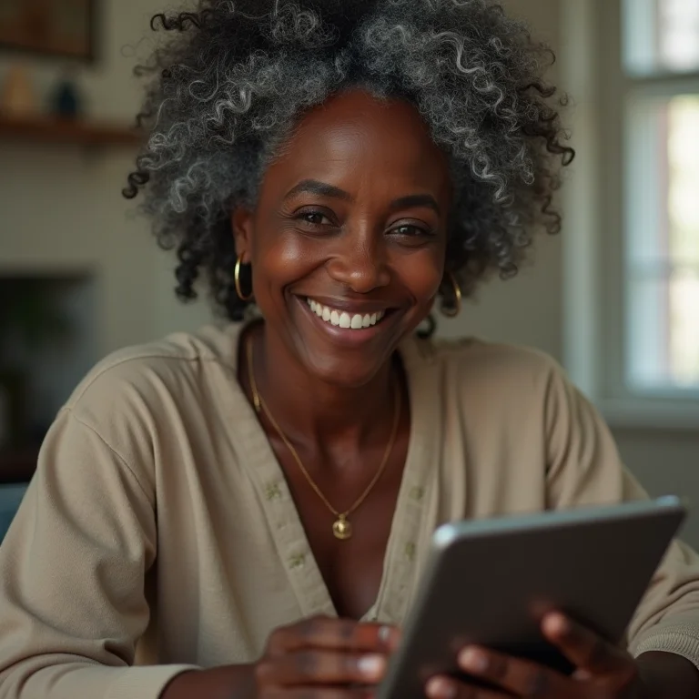 Mulher negra madura sorrindo e mostrando checklist de guarda-roupa cápsula