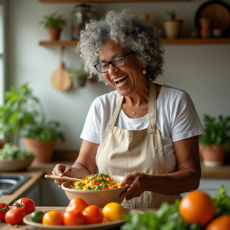 Mulher negra madura sorrindo enquanto cozinha