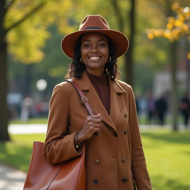 Mulher negra madura usando look elegante com chapéu floppy da AMARO em parque urbano