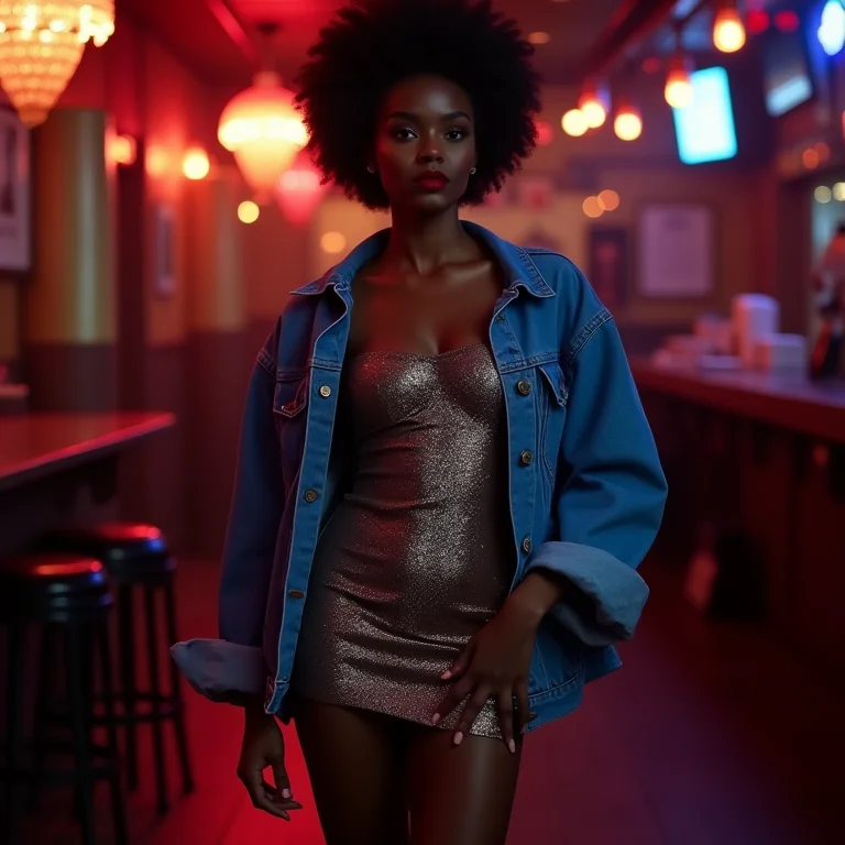 Mulher negra magra usando jaqueta jeans oversized com mini vestido brilhante e salto alto para a noite