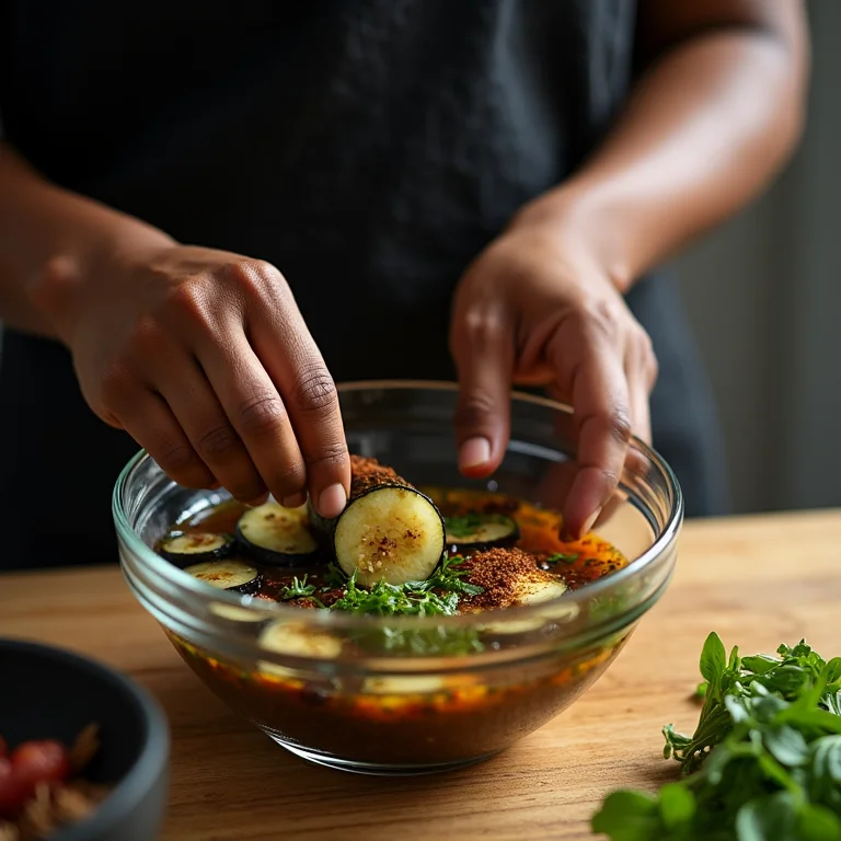 Mulher negra marinando beringelas