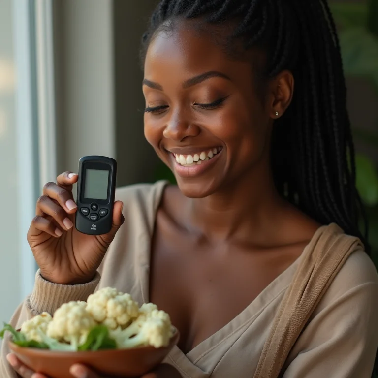 Mulher negra medindo glicose após refeição com couve-flor