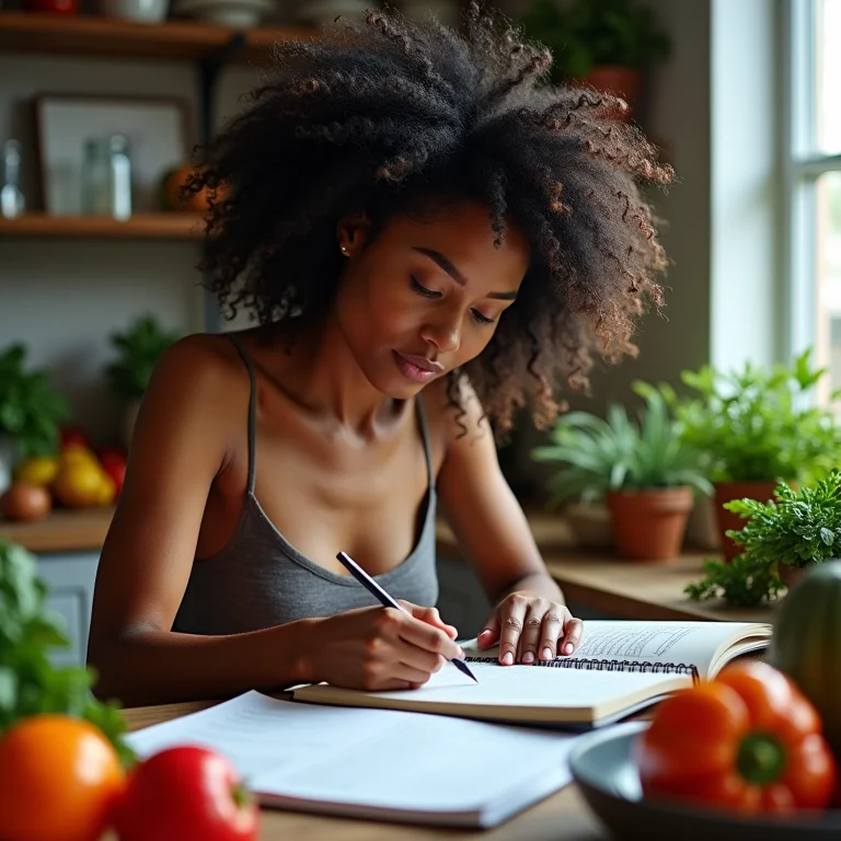 Mulher negra planejando cardápio saudável