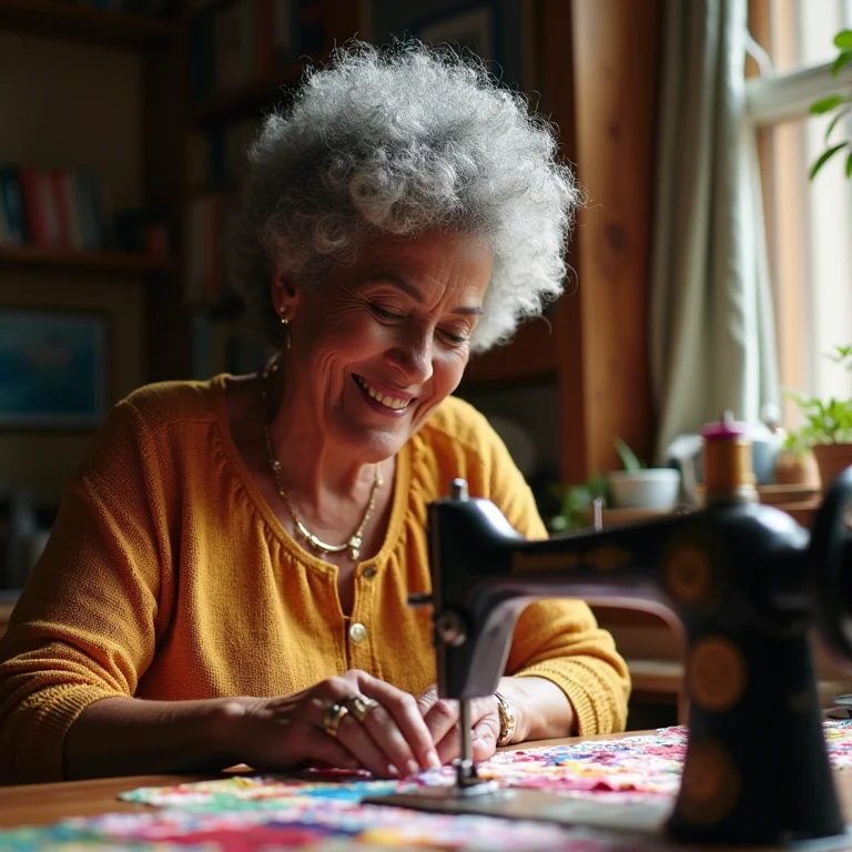 Mulher negra plus-size criando patchwork colorido.