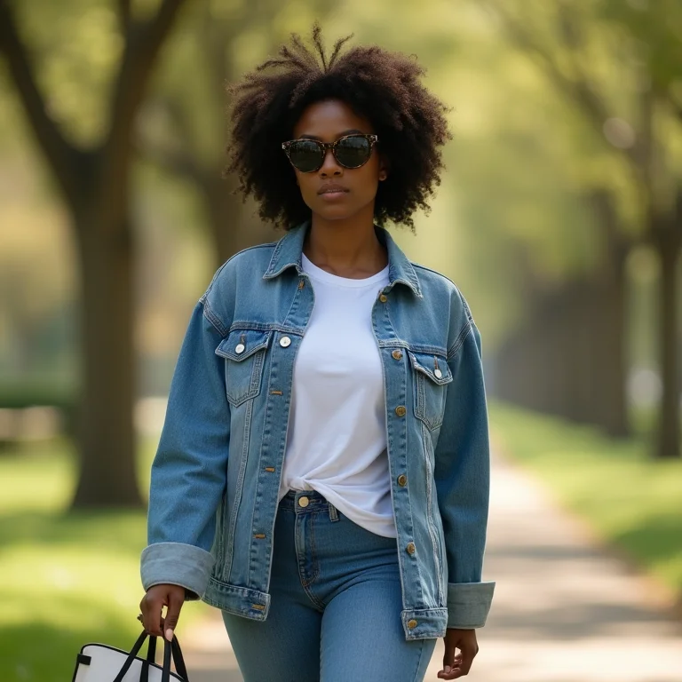 Mulher negra plus size estilosa usando jaqueta jeans, camiseta branca, jeans e óculos gatinho em um parque