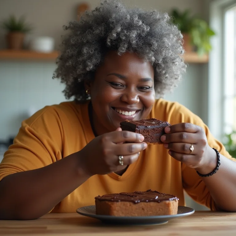 Mulher negra plus-size saboreando brownie de batata doce