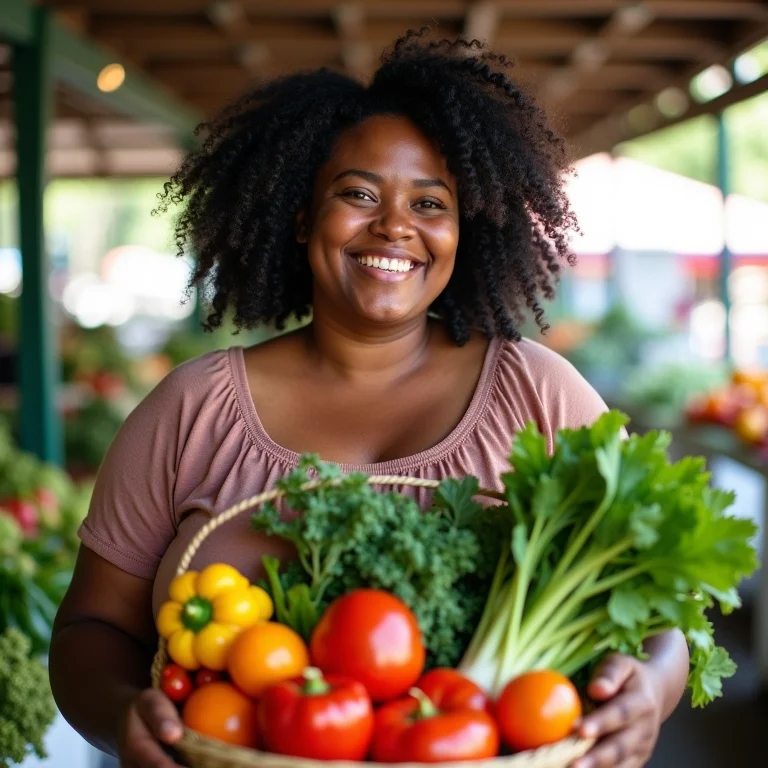Mulher negra plus-size segurando cesta de legumes