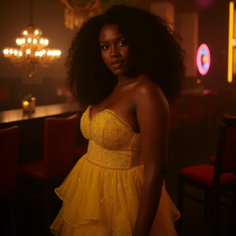 Mulher negra plus size usando vestido amarelo brilhante em uma boate
