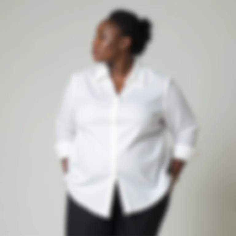 Mulher negra plus size vestindo camisa branca de algodão com caimento perfeito