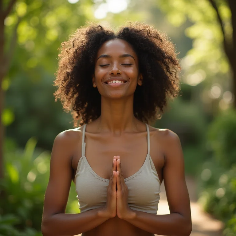 Mulher negra praticando yoga em jardim