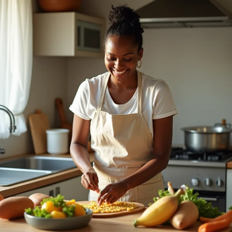 Mulher negra preparando farofa de formiga saúva na cozinha.