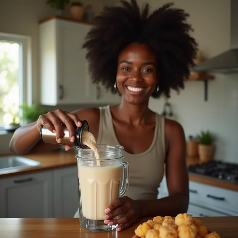 Mulher negra preparando shake de proteína