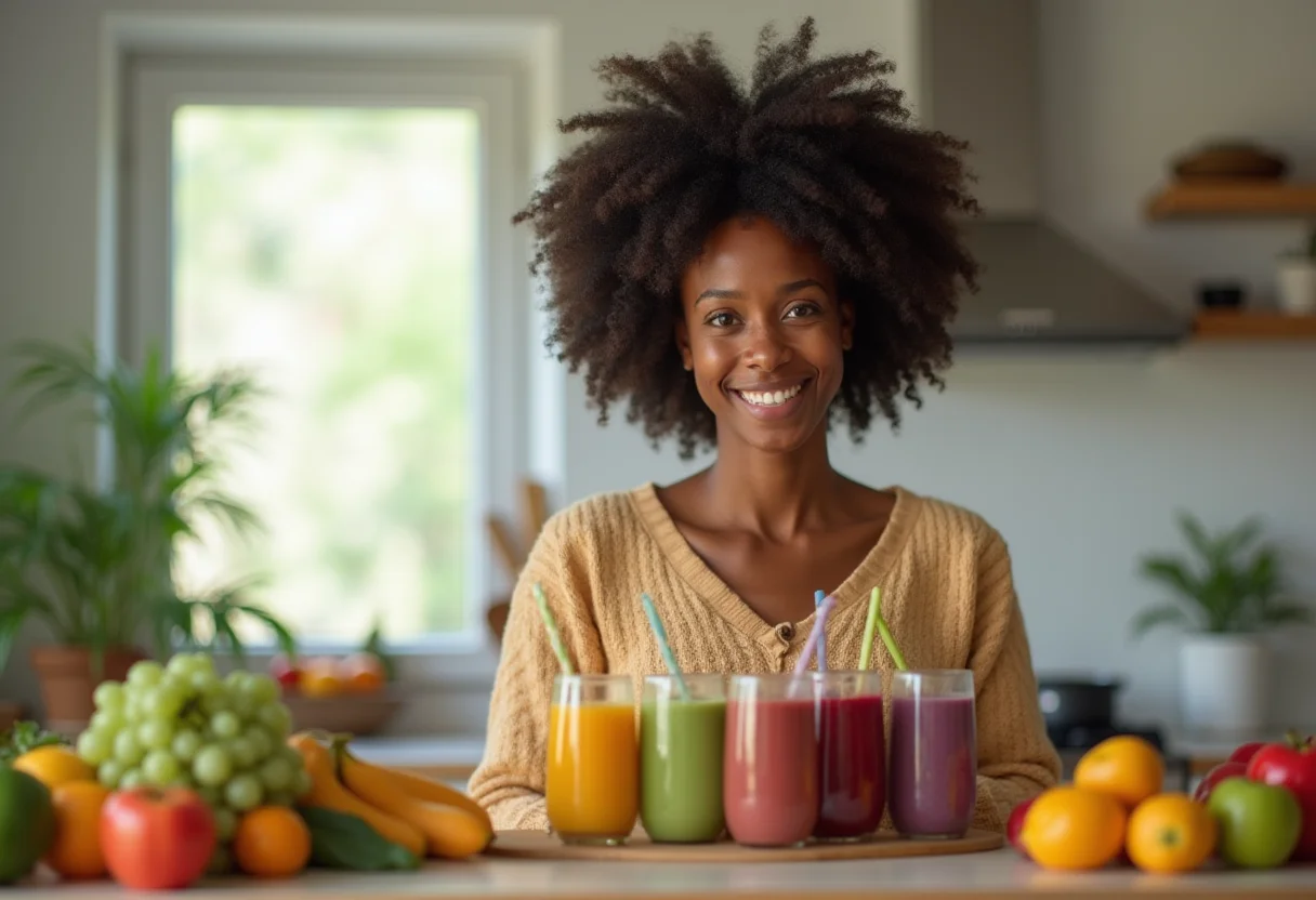 Smoothies energéticos: O segredo para turbinar seu dia (receitas fáceis) Mulher negra preparando smoothies energéticos em cozinha moderna
