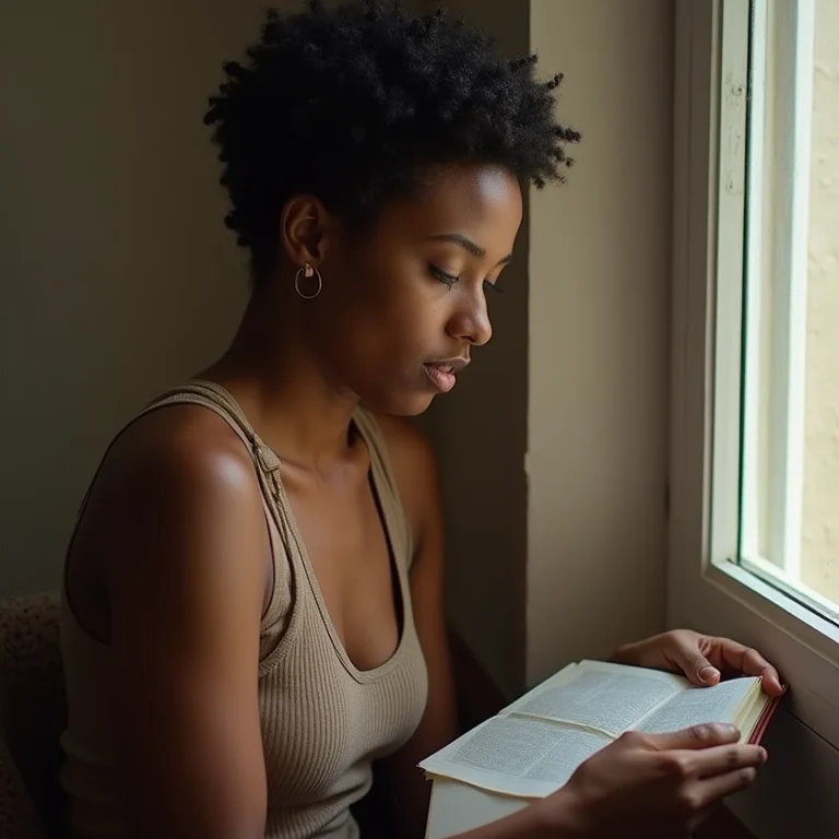 Mulher negra reavaliando pensamentos à luz da janela.