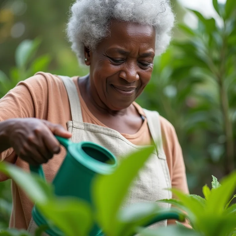 Mulher negra regando hortaliças com cuidado.