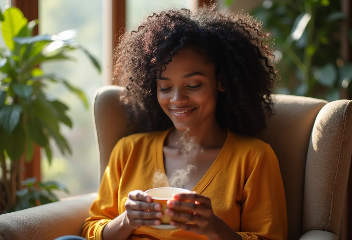 Chá de Jasmim com Maracujá: O segredo para relaxar e emagrecer Mulher negra relaxando com chá de jasmim e maracujá