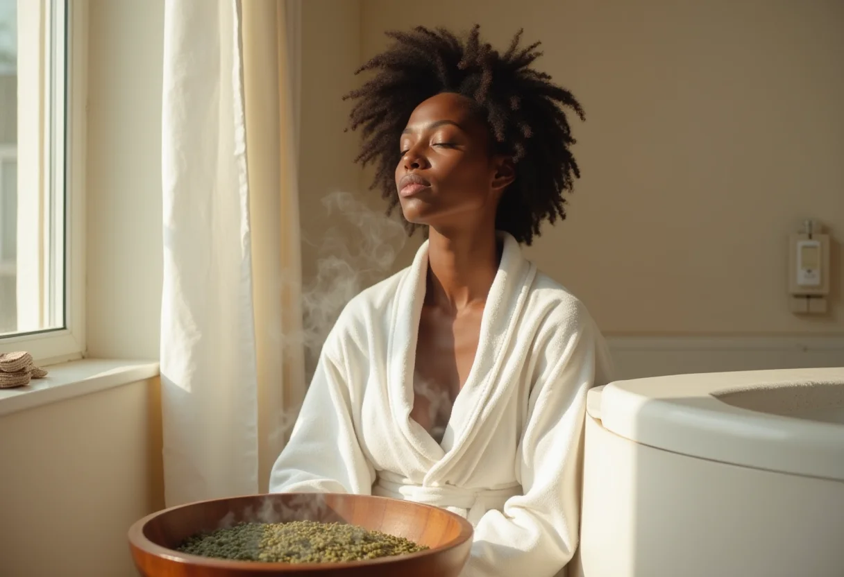 Banhos de Ervas: Descubra os segredos para atrair boas energias Mulher negra relaxando durante banho de ervas