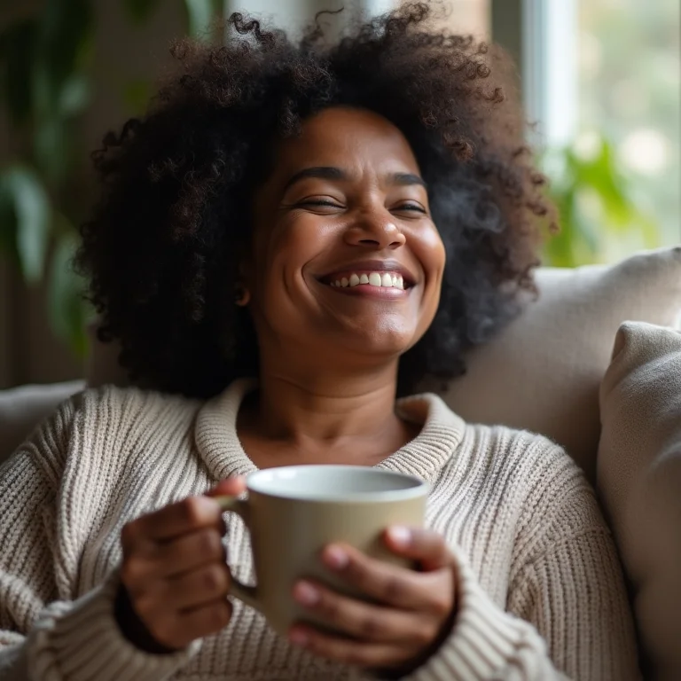 Mulher negra relaxando no sofá com chá de Mulungu.
