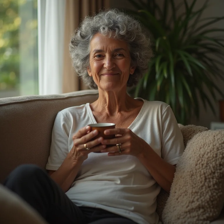 Mulher negra relaxando no sofá enquanto segura uma xícara de chá de cavalinha.