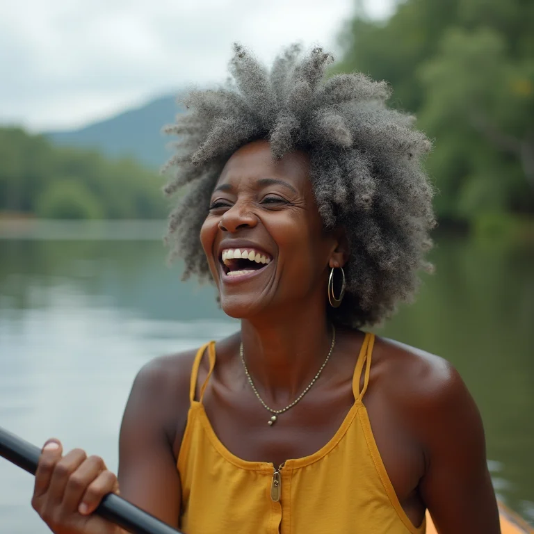 Mulher negra remando em lago na Serra da Bocaina