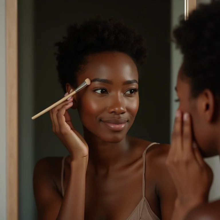 Mulher negra retinta aplicando iluminador nas maçãs do rosto.