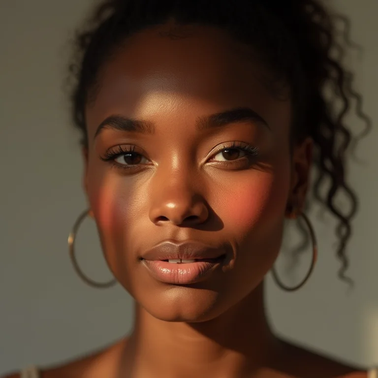 Mulher negra retinta com blush terracota e vinho.