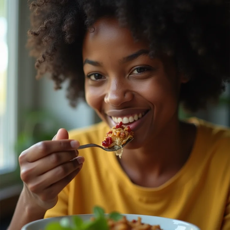 Mulher negra saboreando refeição saudável
