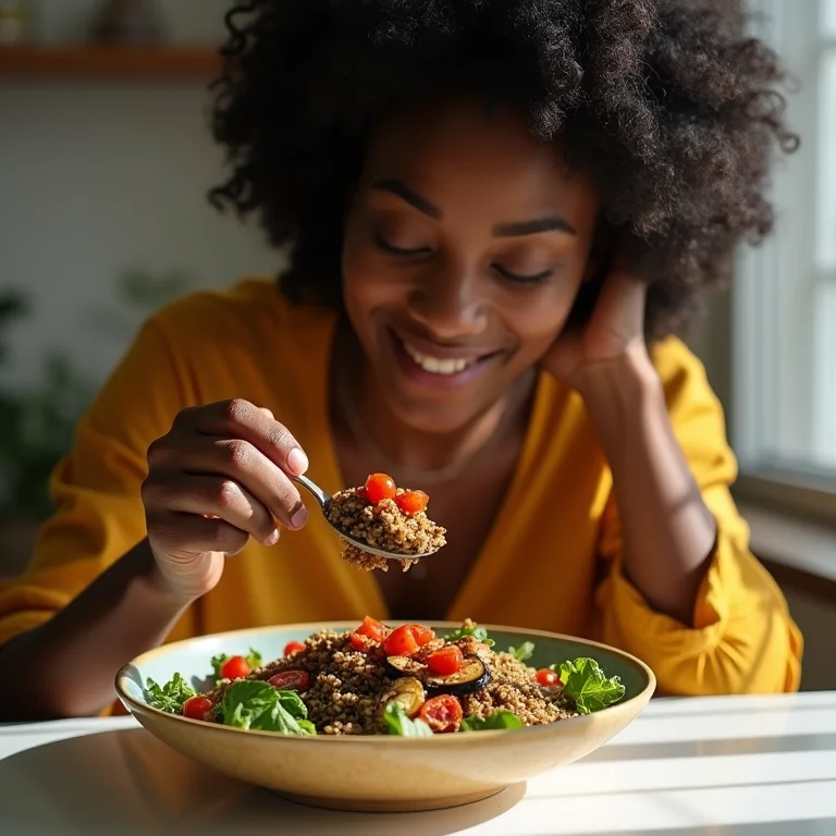 Mulher negra saboreando salada de quinoa com antepasto de berinjela