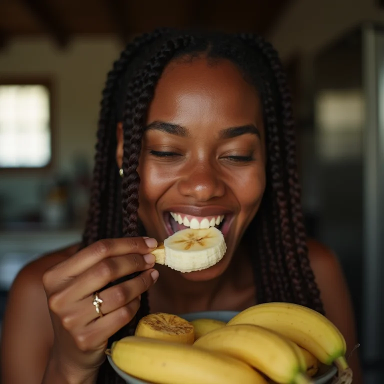 Mulher negra saboreando tapioca de banana