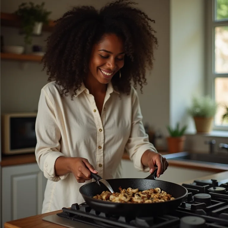 Mulher negra salteando cogumelos Paris na manteiga.