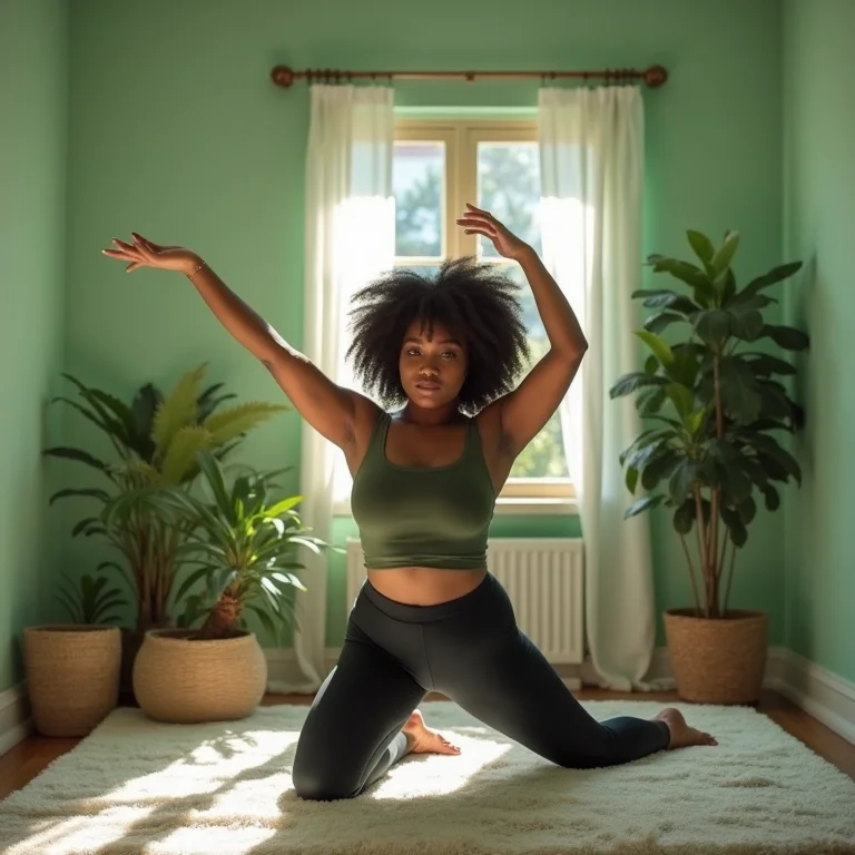 Mulher negra se alongando em quarto com paredes verdes e plantas