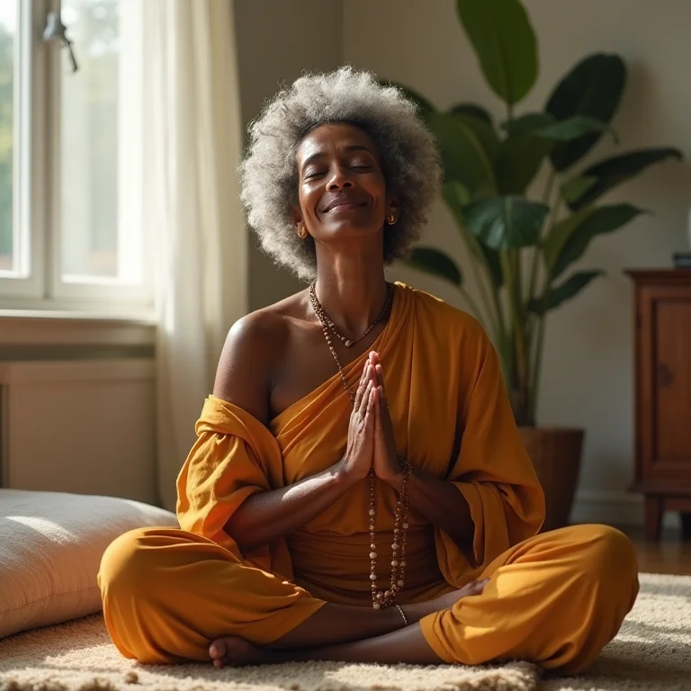 Mulher negra sênior meditando com japamala em casa.