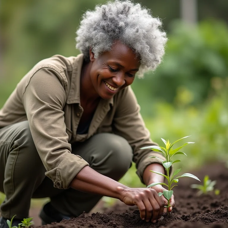 Mulher negra sênior plantando cipó uva