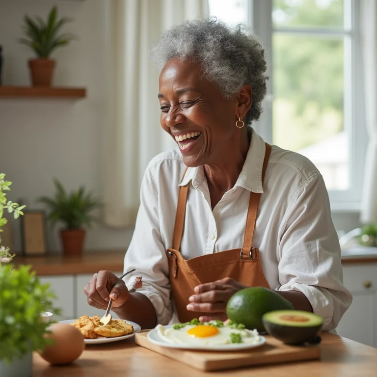 Mulher negra sênior preparando café da manhã com Biotina