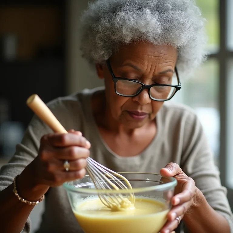 Mulher negra sênior preparando maionese caseira.