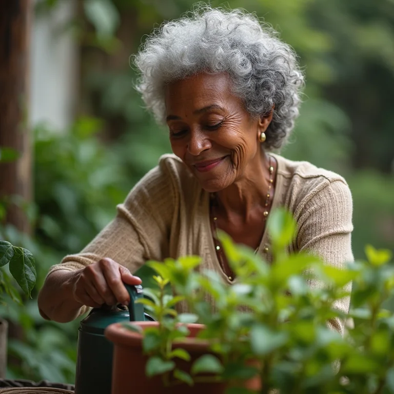 Mulher negra sênior sorrindo enquanto cuida do jardim